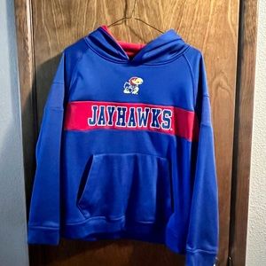 Polyester red and blue Kansas Jayhawks hoodie. Youth sz. L